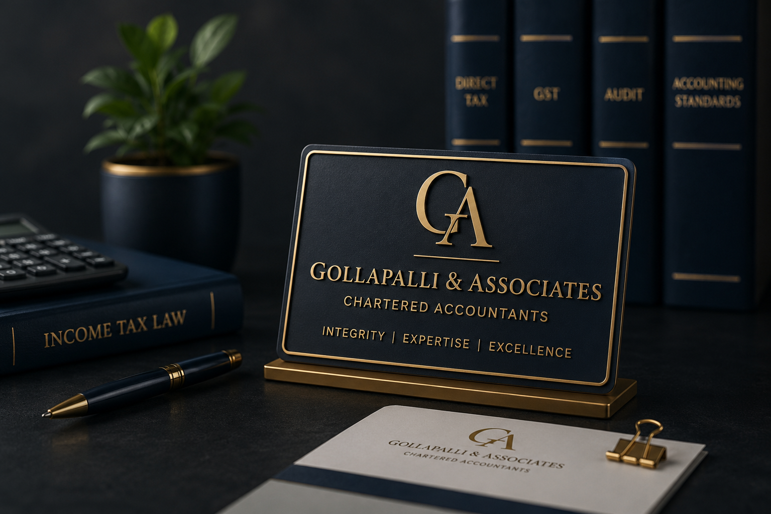 Gollapalli & Associates nameplate on the partner's desk, alongside the firm's business card